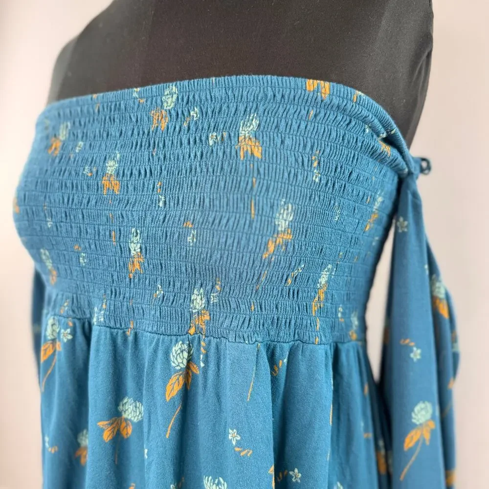 FREE PEOPLE Lana Teal Tunic Top Floral Smocked Off Shoulder Bell Sleeve Sz Large